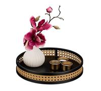 Relaxdays Bandeja Redonda Decorativa, Efecto Ratán, HxD: 5,5x30 cm, Plato para Velas, Joyas, con Borde, Negro y Natural