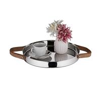 Relaxdays Bandeja Servir Comida Diseño Redondo con Asas, Bandeja Desayuno, Fuente Acero INOX., 35 cm, Decorativa, Plata