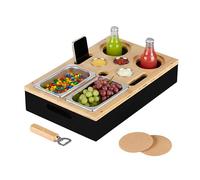 Relaxdays Bandeja Servir Comida Sofá, Bambú, 2 Cuencos Aperitivos, 3 Boles Salsas, Acero Inoxidable, Portabebidas, Negro, Corcho, 8 x 40 x 26 cm