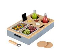 Relaxdays Bandeja Servir Comida Sofá, Bambú, 2 Cuencos Aperitivos, 3 Boles Salsas, Acero Inoxidable, Portabebidas, Gris, Corcho, 8 x 40 x 26 cm