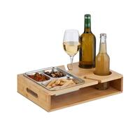 Relaxdays Bandeja Sofá Bambú, Cuenco de Acero para Aperitivos, Soporte de Bebidas y Copas, con Asas, Natural y Plateado