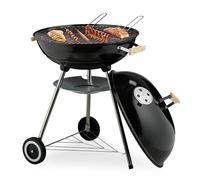 Relaxdays Barbacoa Carbón, 54 cm Ø, BBQ Exterior, Parrilla para Brasas con Ruedas y Soporte, Recoge Cenizas, Negro
