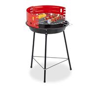 Relaxdays Barbacoa de Carbón, con Ruedas, 37 cm Ø, Parrilla Pícnic, Jardín y Parque, Cortavientos, Redonda, Negro/Rojo