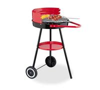 Relaxdays Barbacoa de Carbón, con Ruedas, 42 cm Ø, Parrilla Pícnic, Jardín y Parque, Cortavientos, Redonda, Negro/Rojo