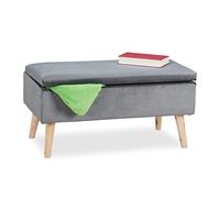 Relaxdays Baúl Almacenamiento, Terciopelo, 40 L, Acolchado, Patas Madera, Asiento Almacenaje, 41x80x40 cm, Gris Oscuro