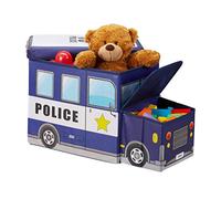 Relaxdays Baúl para Juguetes, Taburete Infantil Plegable, Caja Compartimento, Unisex, Coche Policial, 50 L, Azul Oscuro