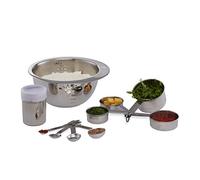 Relaxdays Blanco Juego de Diez Utensilios de Cocina, Jarras, Cuchara medidora, Bol para Mezclar, Esparcidor de Cacao, Plateado, Acero Inoxidable, Varios tamaños