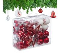 Relaxdays Bolas Árbol Navidad, 103 Adornos Navideños, Estrella Coronación, Guirnalda Perlas, Plástico, Rojo/Blanco