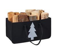 Relaxdays Bolsa para Leña, 28l, Cesta de Almacenaje de Madera XXL, Dibujo de Pino, Fieltro, 25x50x25 cm, Negro y Blanco