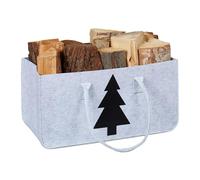 Relaxdays Bolsa para Leña, 28l, Cesta de Almacenaje de Madera XXL, Diseño de Pino, Fieltro, 25x50x25cm, Gris Claro/Negro
