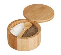 Relaxdays Bote Sal con Tapa y Cuchara, Salero 2 Compartimentos Bambú, Cierre Magnético, Especias, 6,5 x 12,5 cm, Natural