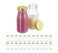 Relaxdays Botellas Cristal Vacías, Set de 24, 150 ml, con Tapa, para Leche, Smoothies, Zumos, Transparente y Dorado