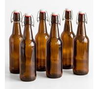 Relaxdays Botellas para Rellenar, Juego de 6, Botellas de Cristal con Cierre de Palanca para Aceite, Licor, Zumo, marrón