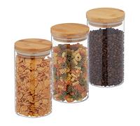 Relaxdays Botes Cristal 1000 ml, Set 3, Recipientes Cocina Grandes, Tapa Bambú, Tarros Herméticos, Transparente/Natural