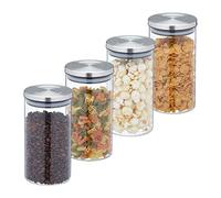 Relaxdays Botes Cristal 1000 ml, Set 4, Recipientes Cocina, Tapa Acero Inoxidable, Tarros Herméticos, Transparente/Plata
