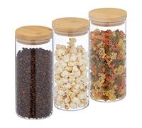 Relaxdays Botes Cristal 1300 ml, Set 3, Recipientes Cocina Grandes, Tapa Bambú, Tarros Herméticos, Transparente/Natural