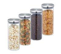 Relaxdays Botes Cristal 1300 ml, Set 4, Recipientes Cocina, Tapa Acero Inoxidable, Tarros Herméticos, Transparente/Plata