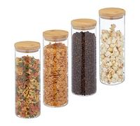 Relaxdays Botes Cristal 1600 ml, Set 4, Recipientes Cocina Grandes, Tapa Bambú, Tarros Herméticos, Transparente/Natural