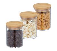 Relaxdays Botes Cristal 650 ml, Set 3, Recipientes Cocina Grandes, Tapa Bambú, Tarros Herméticos, Transparente/Natural