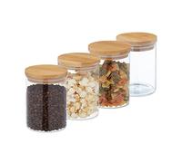 Relaxdays Botes Cristal 750 ml, Set 4, Recipientes Cocina Grandes, Tapa Bambú, Tarros Herméticos, Transparente/Natural