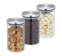 Relaxdays Botes Cristal 800 ml, Set 3, Recipientes Cocina, Tapa Acero Inoxidable, Tarros Herméticos, Transparente/Plata
