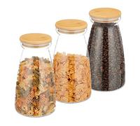 Relaxdays Botes Cristal con Tapa Bambú, Set de 3, 1400 ml, Tarros Herméticos, Almacenaje Alimentos, Transparente/Natural