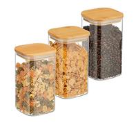 Relaxdays Botes Cristal con Tapa Bambú, Set de 3, Recipientes Cuadrados 1200 ml, Tarros Herméticos, Transparente/Natural
