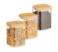 Relaxdays Botes Cristal con Tapa Bambú, Set de 3, Recipientes Cuadrados 900 ml, Tarros Herméticos, Transparente/Natural