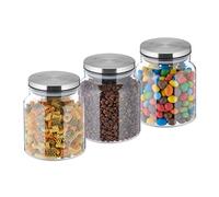 Relaxdays Set 3 botes de cristal con tapa 1100 ml plata,transparente