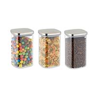 Relaxdays Botes Cristal con Tapa, Set de 3, 1200 ml, Recipientes Cuadrados, Tarros Herméticos, Transparente/Plateado