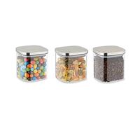 Relaxdays Botes Cristal con Tapa, Set de 3, 600 ml, Recipientes Cuadrados, Tarros Herméticos, Transparente/Plateado