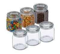 Relaxdays Botes Cristal con Tapa, Set de 6, Vidrio, 1,3 L, Recipientes Octogonales, Tarros Herméticos, Transparente