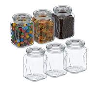 Relaxdays Botes Cristal con Tapa, Set de 6, Vidrio, 750 ml, Recipientes Cuadrados, Tarros Herméticos, Transparente