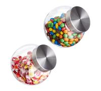 Relaxdays Botes Cristal, Set 2, 1,5L, Recipiente Caramelos, Alimentos, Mesa Chuches, Tapa Acero Inoxidable, Transparente