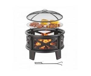 Relaxdays Brasero Ø 66 cm, c/Parrilla, Protector de chispas y atizador, Hoguera de jardín, Cesta de Fuego, Negro/Bronce