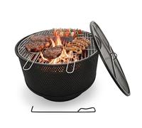 Relaxdays Brasero 3 en 1 Ø 61 cm con Parrilla, Protector de chispas, atizador, Negro, 38 x 61 x 61 cm