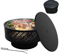 Relaxdays, brasero de 66 cm de diámetro, con rejilla para asar, tapa, gancho para leña y cubierta impermeable, ideal para exteriores, color