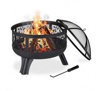 Relaxdays Brasero Exterior con Protector Antichispas, Cuenco Fuego Jardín y Terraza, Atizador, Circular, 60x60 cm, Negro