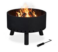 Relaxdays Brasero Exterior, Cuenco Fuego, Escudo Térmico, Borde Alto Protector, Atizador, Redondo, 40,5x58,5 cm, Negro
