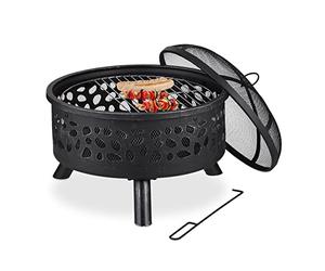 Relaxdays Brasero Exterior, Negro y Plateado | Parrilla y Protección Antichispas, Atizador, Rejilla de Carbón, Ø 60 cm