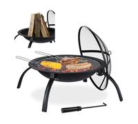 Relaxdays Brasero para jardín, Parrilla de Barbacoa, Atizador, Tapa contra chispas, Cuenco para hogueras, 56,5 cm, Negro