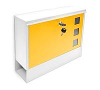 Relaxdays Buzón con Espacio para Periódicos, 30x36x10 cm, Metal, con 2 Llaves, Mailbox Correo Moderno, Blanco/Amarillo