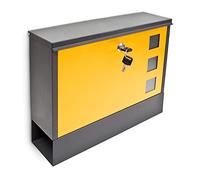 Relaxdays Buzón con Espacio para Periódicos, 30x36x10 cm, Metal, con 2 Llaves, Mailbox Correo Moderno, Negro/Amarillo