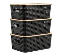 Relaxdays Caja de almacenaje rejilla con tapa de bambú, pack de 3 | De polipropileno, caja para estantería, negra