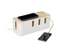 Relaxdays Caja de Cables, para 2 regletas de enchufes, Tapa de Madera, plástico, ocultacables, 11,5x30,5x12,5 cm, Blanco