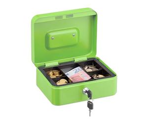 Relaxdays Caja de Dinero, Cerradura, Bandeja Extraíble, 5 Compartimentos, Cajita Hierro, 8,5 x 20 x 17 cm, Verde