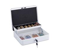 Relaxdays Caja de dinero con bandeja para euros blanco,plata