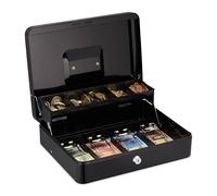Relaxdays Caja fuerte con llave, 5 compartimentos para monedas, 4 para billetes, hierro, negro/plata