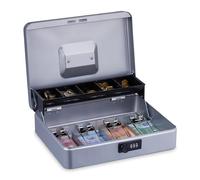 Relaxdays Caja Dinero, Combinación 3 Números, Bandeja para Monedas y 4 Espacios para Billetes, Efectivo, Plateado