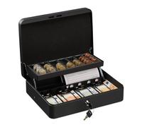 Relaxdays Caja dinero con bandeja monedas de euro negro,plata